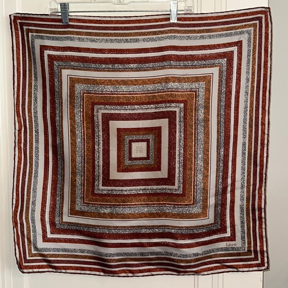 Vintage Echo gray, maroon, orange & brown square pattern polyester scarf